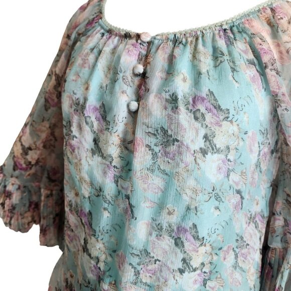 Floral Sheer Bell Sleeve Pleated Blouse Rose Pastel fairy‎ Small Romantic - Picture 3 of 16